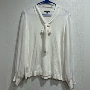 Adrianna Papell white tie-neck blouse with Swiss dot textured sheer sleeves Sz M